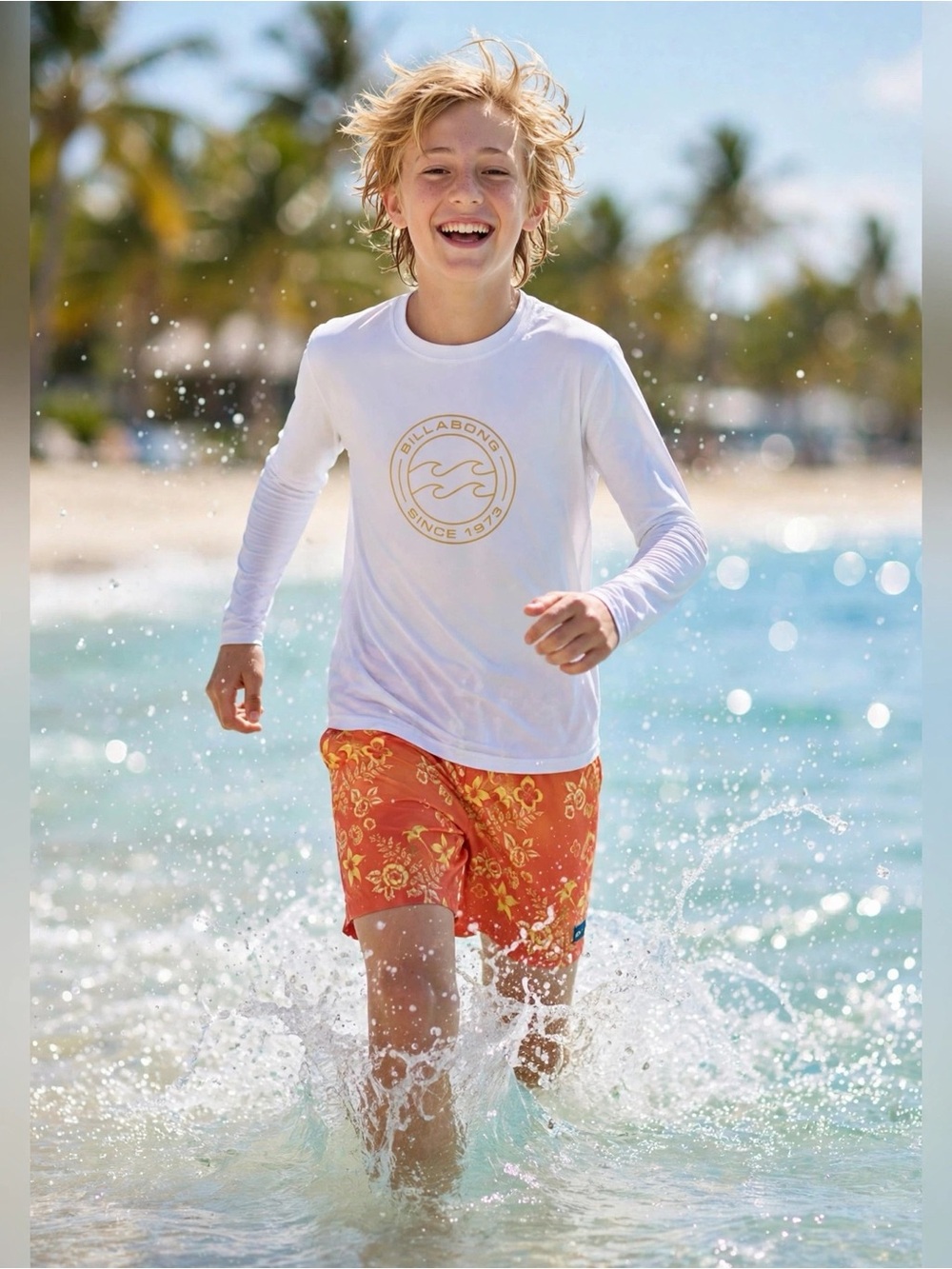 Billabong Kids White Rash Guard + Orange Swim Shorts NWT Size XL 14/16